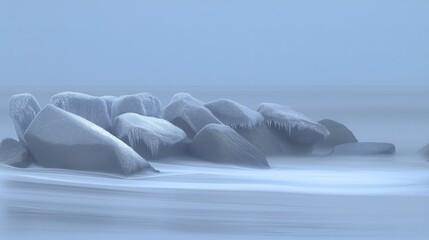 Sticker -  a group of rocks in the middle of a body of water with ice hanging off of it's sides.