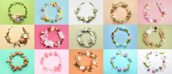 Canvas Print - Collage with many beautiful Easter wreaths on color background