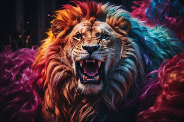  Majestic lion roar, colorful background with rainbow colors, copy space for text