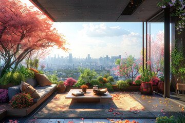 Wall Mural - A rooftop garden oasis with panoramic city views, offering a tranquil escape from the hustle and bustle. Concept of urban relaxation in spring. Generative Ai.