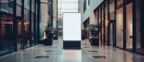 Poster - A blank white vertical indoor advertising poster stand with a black frame is displayed in a shopping center or mall.