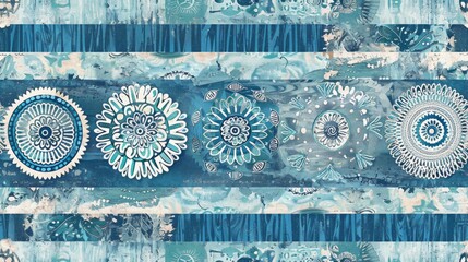 Sticker -  a painting of blue and white flowers on a blue and white striped background with a blue and white stripe in the middle.