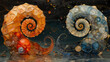 artistic oil painting of yiang and yang shape as two nautilus shells as background