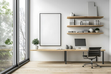 Wall Mural - A modern home office with a minimalist desk, chair and floating shelves made of light wood against white walls, a large window showing greenery outside with clean lines and natural lighting.