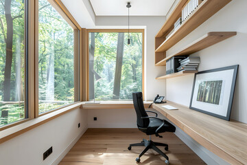 Wall Mural - A modern home office with a minimalist desk, chair and floating shelves made of light wood against white walls, a large window showing greenery outside with clean lines and natural lighting.