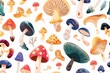 A seamless pattern design featuring a variety of colorful vector mushrooms, scattered on a white background. 