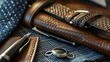 Pen, wallet, cufflinks, tie, belt, and other items resting on the skin can serve as backgrounds.