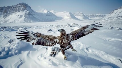 Poster -  a large bird of prey spreads its wings on a snow covered ground in front of snowy mountains and snow - capped peaks.