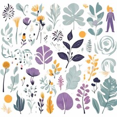 A collection of seamless pattern, colorful abstract plants and flowers. Hand drawn Collection of leaves and flowers. A close up of a pattern of flowers and leaves.
