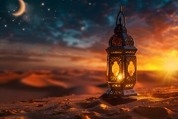 Wall Mural - Arabia Sahara lantern and moon setup for greeting Ramadan or Eid Mubarak cards