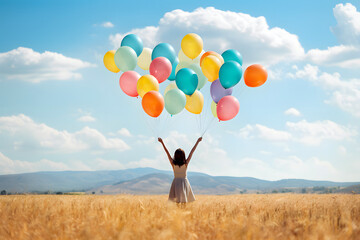 happy little girl with colored balloons against the blue sky.