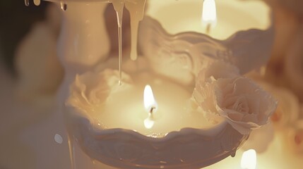 Wall Mural -  a close up of a lit candle with a rose on the bottom of the candle and water dripping from the top of the candle.