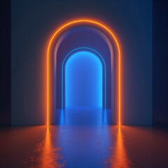 Poster - a blue and orange light in a room with Gateway Arch in the background