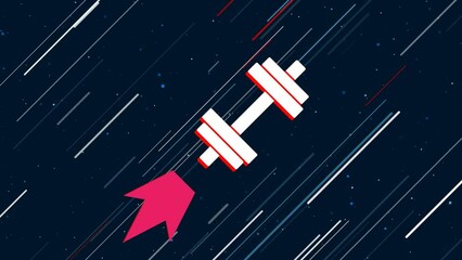 Wall Mural - Dumbbell symbol flies through the universe on a jet propulsion. The symbol in the center is shaking due to high speed. Seamless looped 4k animation on dark blue background with stars
