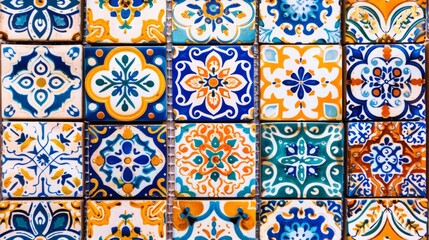 Sticker -  a close up of a tiled wall with many different colors and shapes of tiles in the same pattern as well as the colors of the tiles.