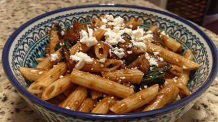 Sticker -  a blue and white bowl filled with pasta covered in sauce and fettuccine and parmesan cheese.