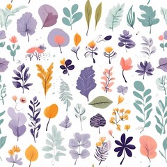 A collection of seamless pattern, colorful abstract plants and flowers. Hand drawn Collection of leaves and flowers. A close up of a pattern of flowers and leaves.
