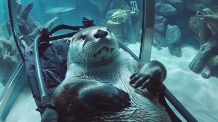 Wall Mural -  a sea otter is laying on its back in a glass enclosure at the sea life park in san francisco, california.