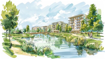 A green park with buildings in the background, people walking and cycling on paths through trees, a sketch of an urban design for a sustainable city cluster Generative AI