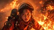 Asian firefighter against a backdrop of fire. Heroic female firefighter confronting a conflagration. Concept of heroic action, emergency service, fire combat, and public protection.