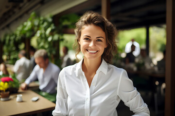 successful businesswoman in a shirt stands in the office. career growth in business.