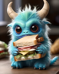 Wall Mural - Cute angry blue monster with a sandwich, for ilustrations design, for 3d design, for characters design.