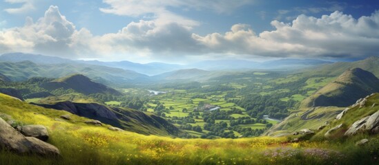 Sticker - A picturesque natural landscape painting of a valley with towering mountains in the background, filled with lush green plants, trees, and grass under a cloudfilled sky