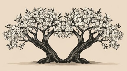 Sticker -  a black and white drawing of a tree with lots of white flowers in the shape of a heart on a beige background.