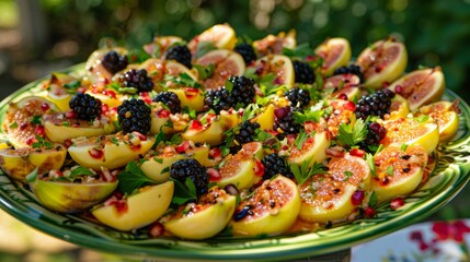 Sticker -  a platter filled with sliced fruit and garnished with a sprig of blackberries and oranges.