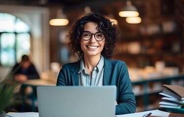 Wall Mural - Woman office worker sitting at table with laptop smiling cheerfully at camera