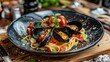  a plate of pasta with mussels, tomatoes, and parmesan cheese on a wooden cutting board.