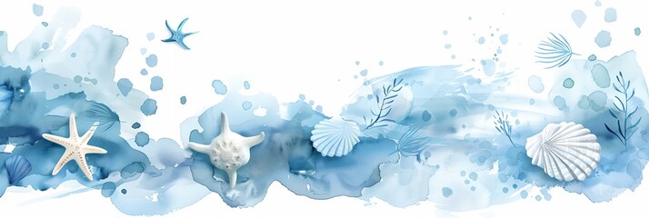 Wall Mural - Watercolor sea themed background with seashells and seaweed.