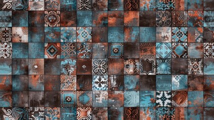 Poster -  a blue, brown and white tiled wall with a pattern of different shapes and sizes on the side of it.