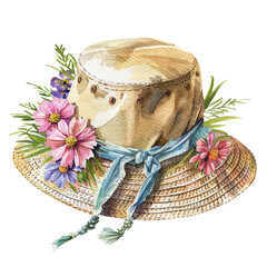 summer hat with flowers vector illustration in watercolour style