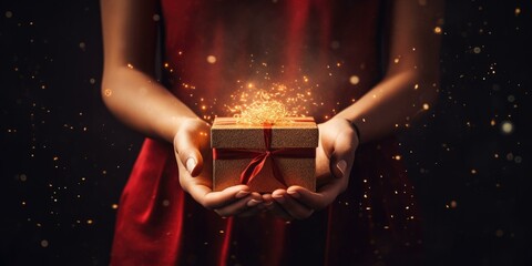 Poster - A woman holding a gift box with sparkles coming out of it. Generative AI.