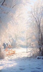 Canvas Print - A bench is sitting in the snow next to a tree. Generative AI.