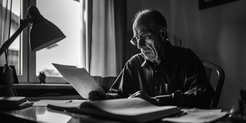 Poster - A man reading a book in front of the window at night. Generative AI.