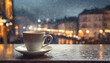 A cup of cappuccino on table top in street cafe at night ,view on rainy city blurred light