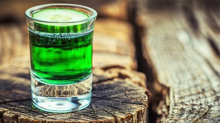 Poster -  a green drink with a slice of cucumber in the middle of it on a piece of wooden planks.