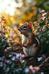 Wall Mural - A small chipmunk sitting in a field of flowers with its mouth open. Generative AI.