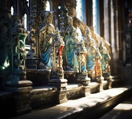 Poster - A row of statues are lined up on a stone floor. Generative AI.