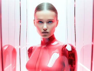 Sticker - A woman in a red suit with glass around her. Generative AI.