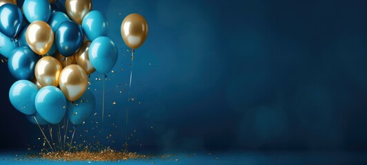 Poster - A bunch of blue and gold balloons are falling from the air. Generative AI.