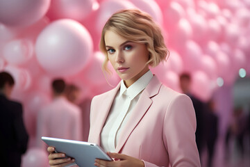 Wall Mural - successful business woman in a suit with a tablet stands against a background of pink balls. education for career and business growth