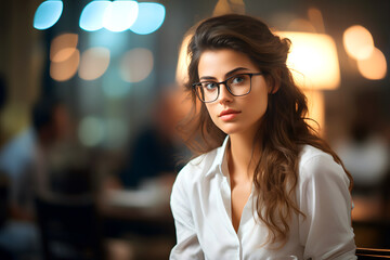 Wall Mural - portrait of a happy beautiful woman in glasses working in the office. dream and desire in life