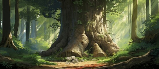 Wall Mural - A magnificent tree stands tall in the heart of the forest, surrounded by lush green grass and towering over the terrestrial plants. Its sturdy trunk and wooden branches dominate the natural landscape