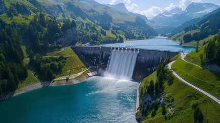 Wall Mural - Aerial view of a Swiss mountain hydroelectricity reservoir dam generating renewable energy and contributing to the reduction of global warming during summer, showcasing decarbonization efforts