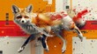 Abstract art fox on warm toned background; side view of a stylized fox on an abstract orange and red backdrop with dynamic splashes