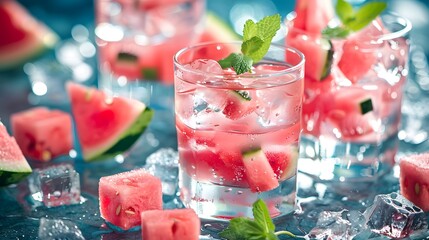 Wall Mural - water infused with watermelon and cubes of ice
