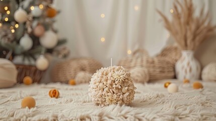 Poster -  a close up of a candle on a blanket near a christmas tree and balls of yarn on a bed with a christmas tree in the background.